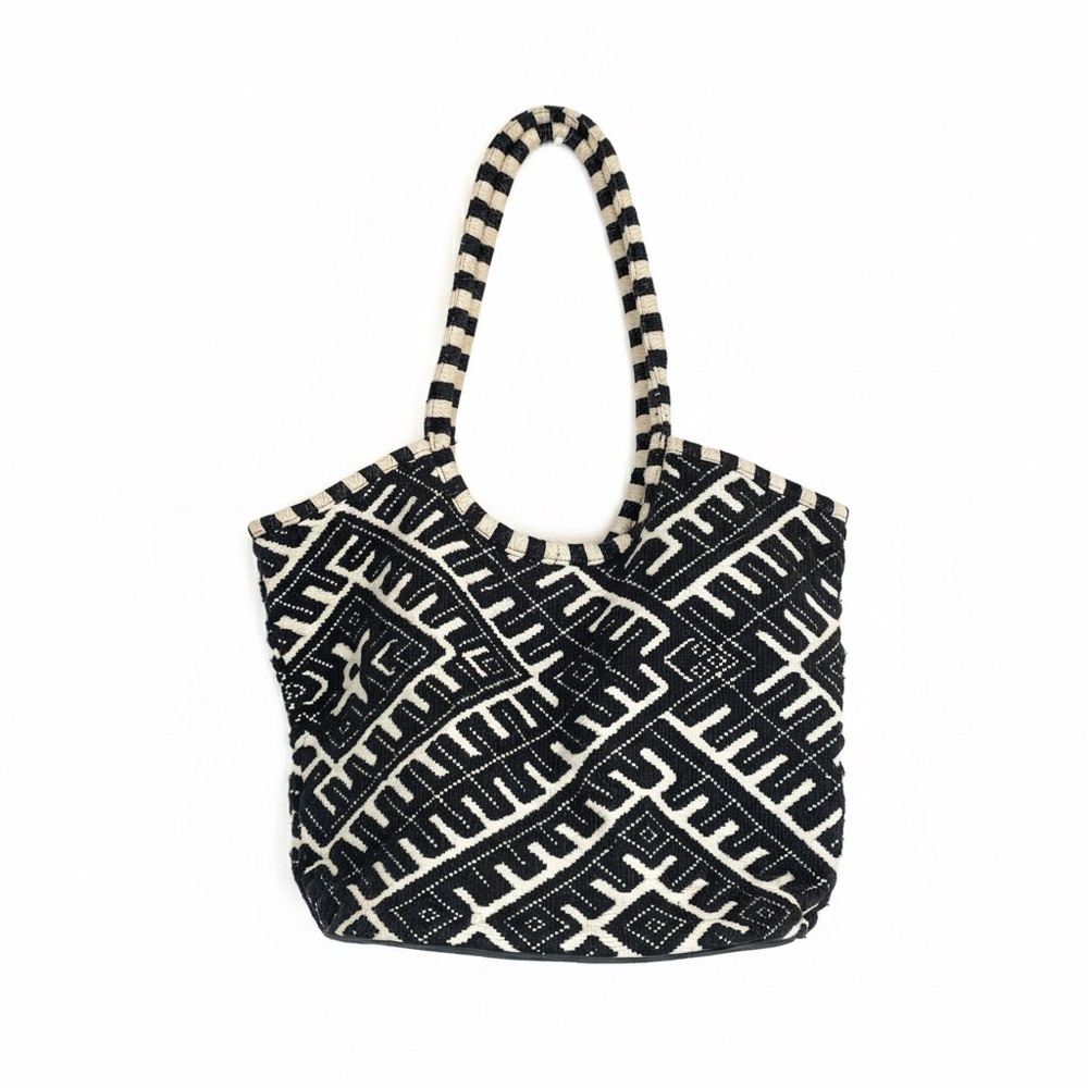 Handwoven Black and Cream Geometric Pattern Tote Bag